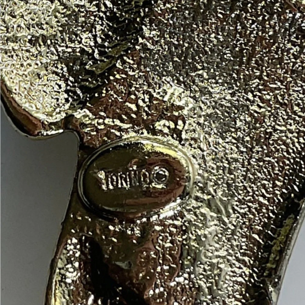 Signed Torino Lady in Wide Brim Hat Brooch Black Enamel Gold Tone Vintage